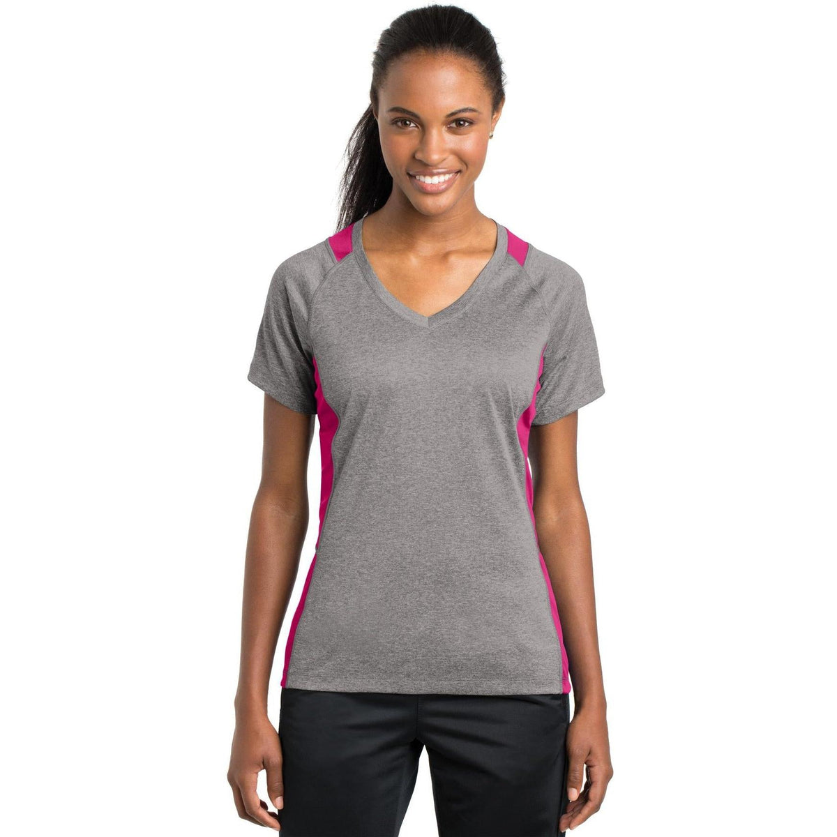 no-logo  Sport-Tek Ladies Heather Colorblock Contender V-Neck Tee-Active-Sport-Tek-Vintage Heather/Pink Raspberry-S-Thread Logic