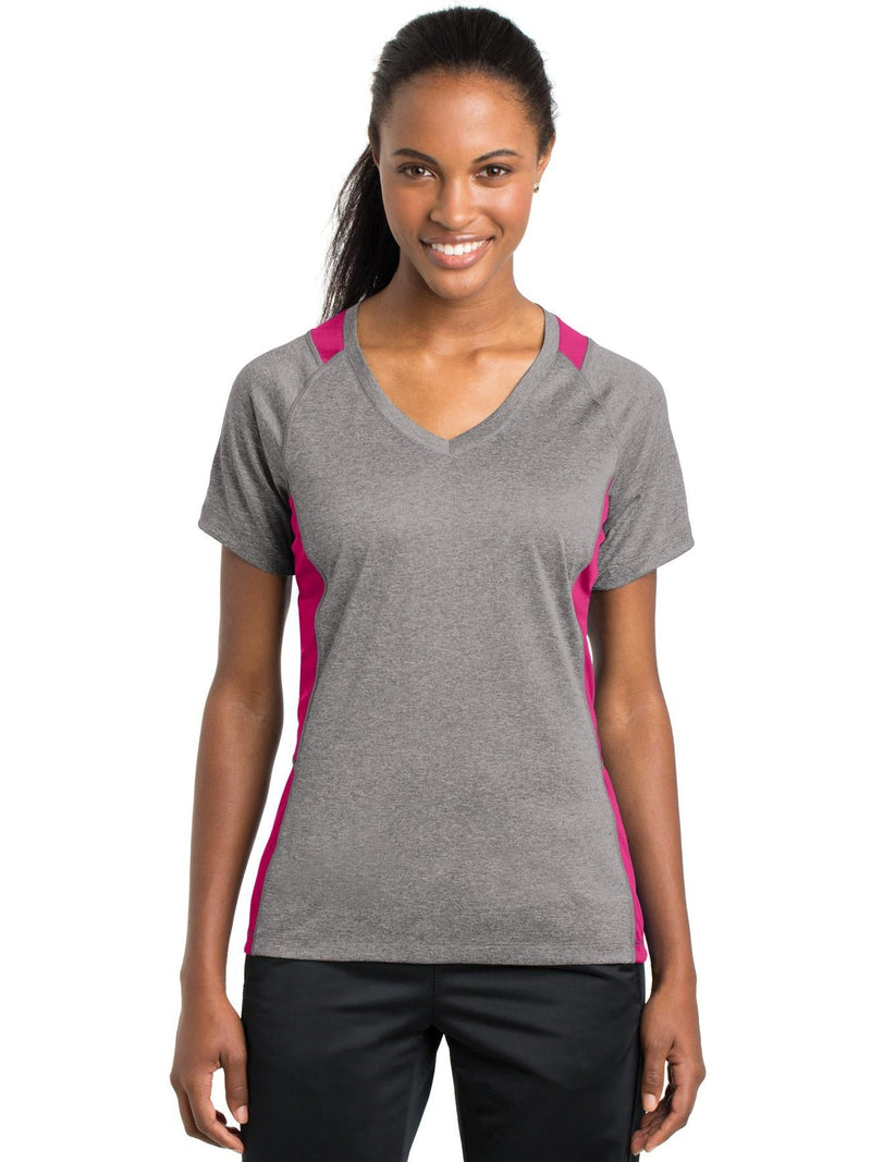  Sport-Tek Ladies Heather Colorblock Contender V-Neck Tee-Active-Sport-Tek-Vintage Heather/Pink Raspberry-S-Thread Logic