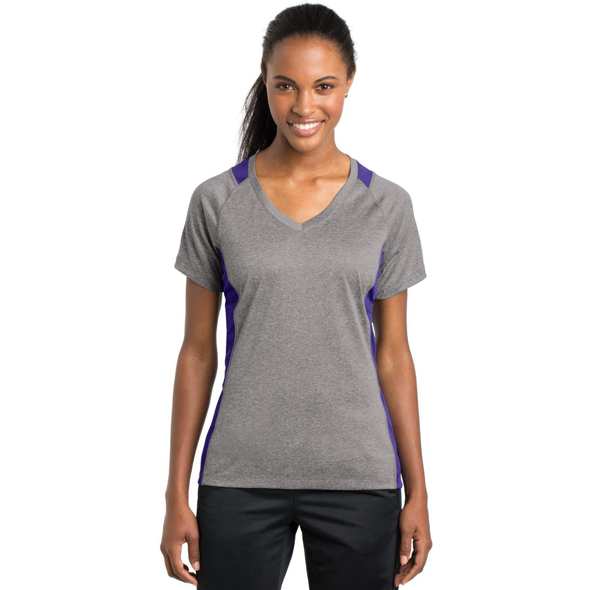 no-logo  Sport-Tek Ladies Heather Colorblock Contender V-Neck Tee-Active-Sport-Tek-Vintage Heather/Purple-S-Thread Logic