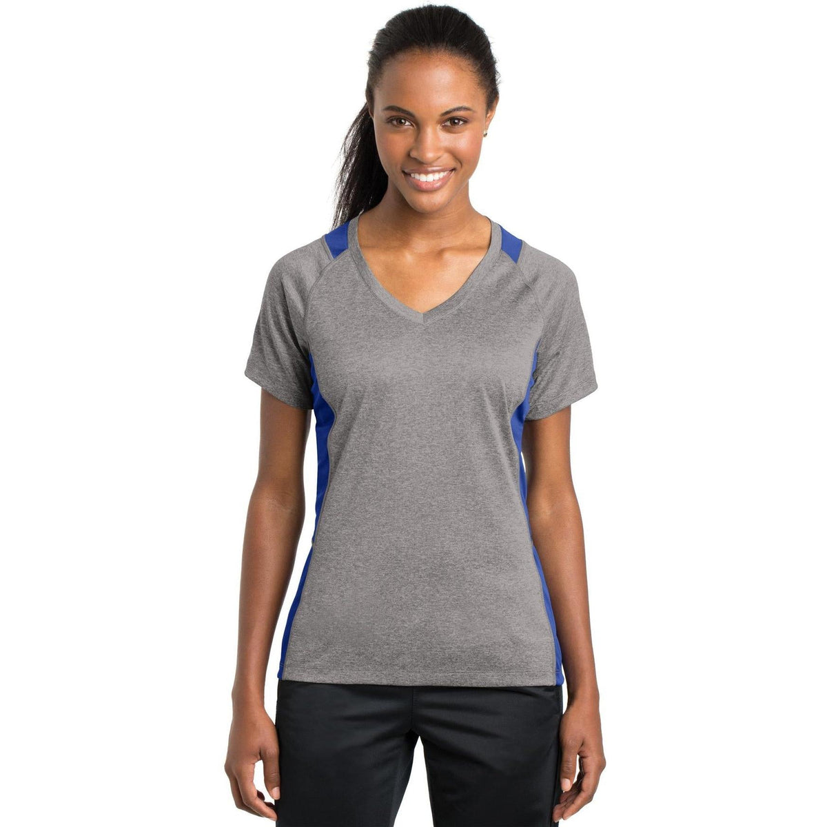 no-logo  Sport-Tek Ladies Heather Colorblock Contender V-Neck Tee-Active-Sport-Tek-Vintage Heather/True Royal-S-Thread Logic