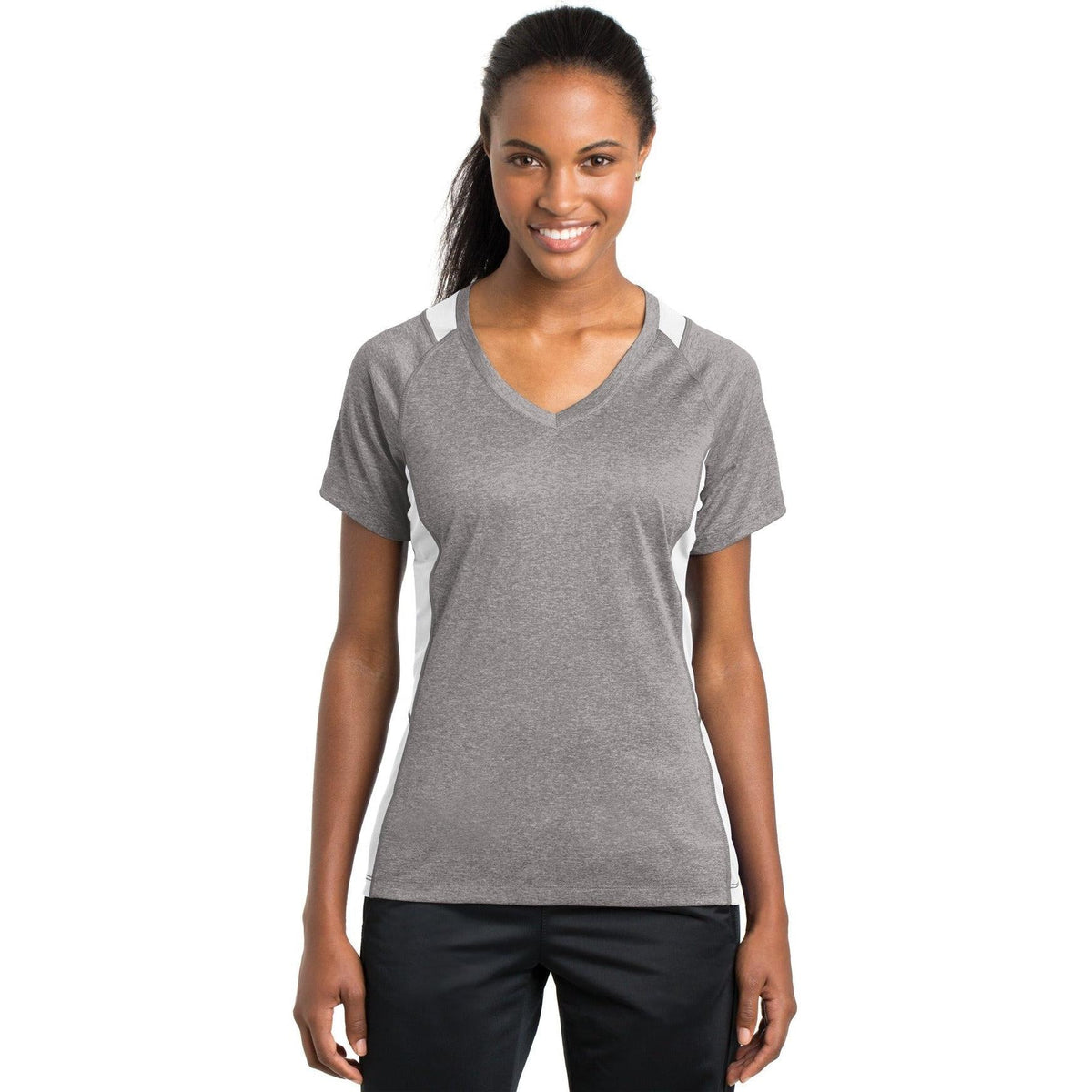 no-logo  Sport-Tek Ladies Heather Colorblock Contender V-Neck Tee-Active-Sport-Tek-Vintage Heather/White-S-Thread Logic