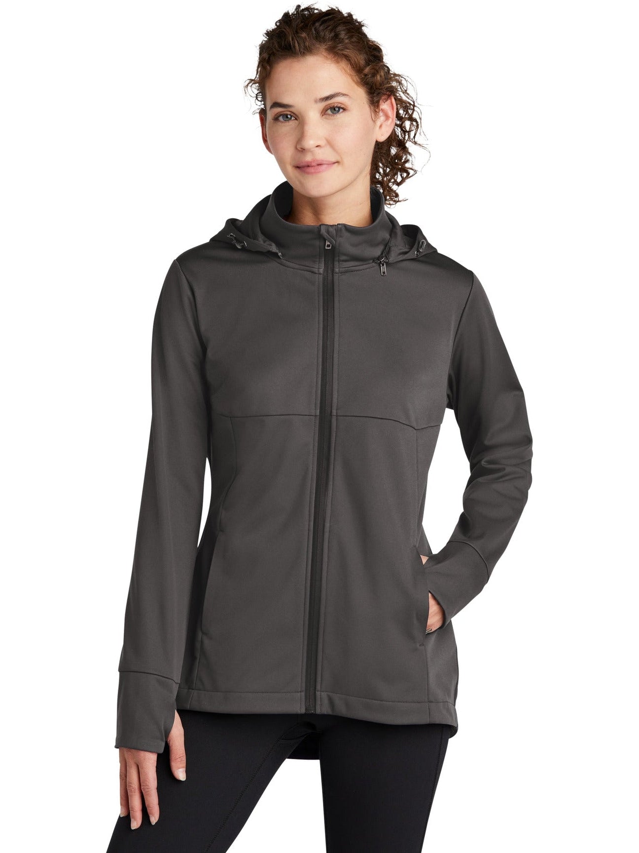  Sport-Tek Ladies Hooded Soft Shell Jacket-Regular-Sport-Tek-Graphite-S-Thread Logic