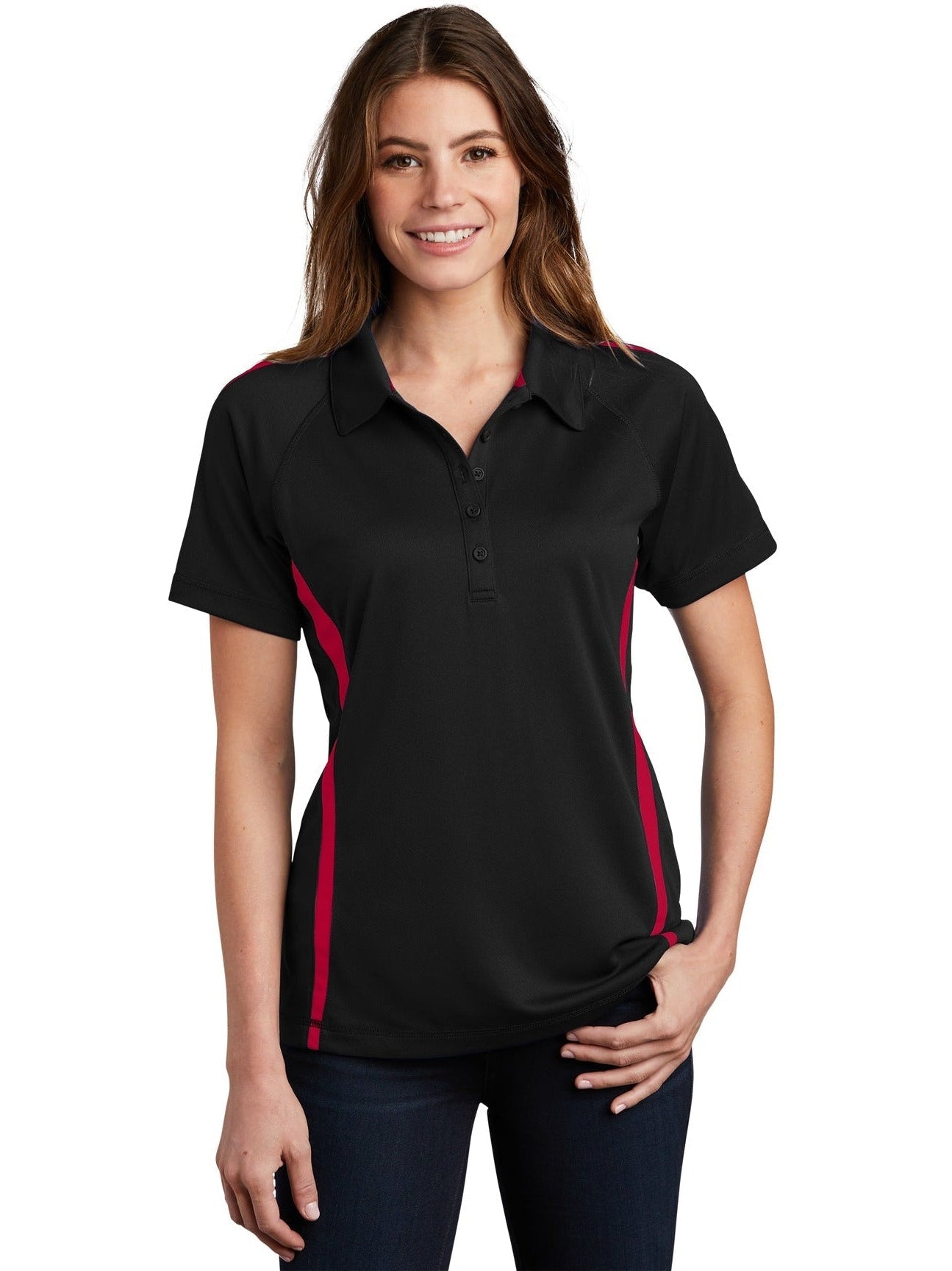  Sport-Tek Ladies Micro-Mesh Colorblock Polo-Regular-Sport-Tek-Black/Red-XS-Thread Logic