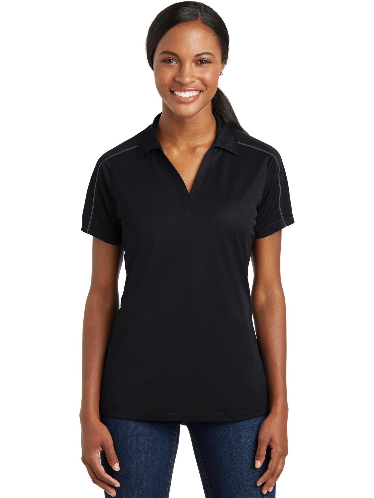  Sport-Tek Ladies Micropique Sport-Wick Piped Polo-Regular-Sport-Tek-Black/Iron Grey-S-Thread Logic