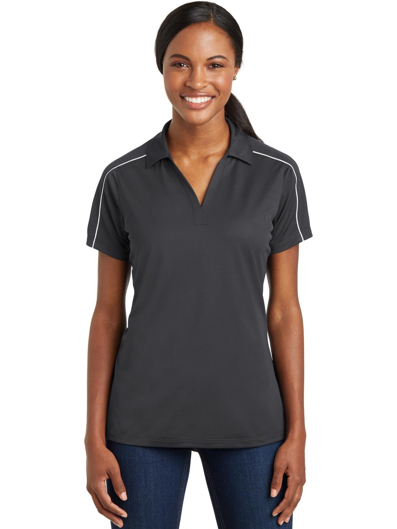  Sport-Tek Ladies Micropique Sport-Wick Piped Polo-Regular-Sport-Tek-Iron Grey/White-S-Thread Logic