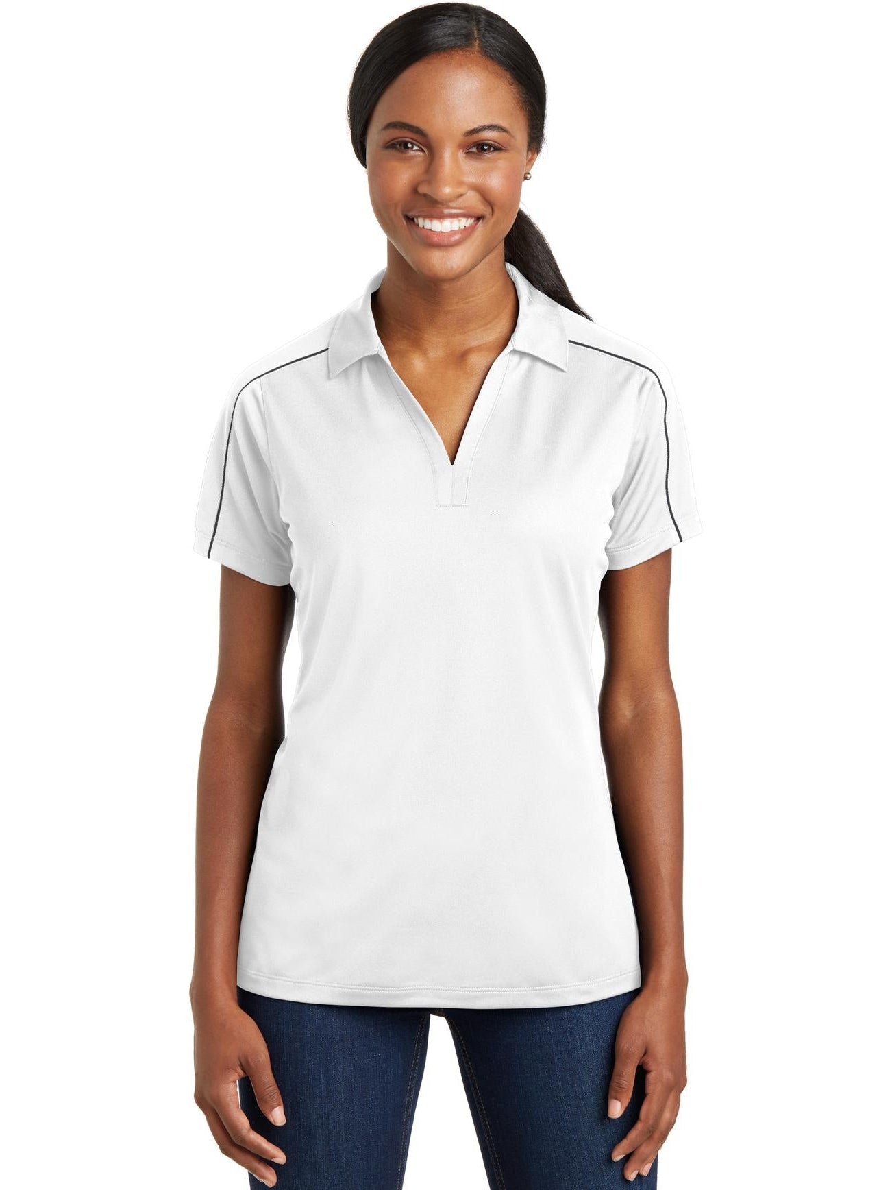  Sport-Tek Ladies Micropique Sport-Wick Piped Polo-Regular-Sport-Tek-White/Iron Grey-S-Thread Logic