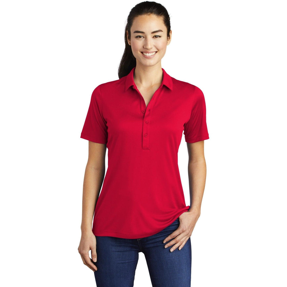 no-logo  Sport-Tek Ladies Posi-UV Pro Polo-Regular-Sport-Tek-True Red-S-Thread Logic