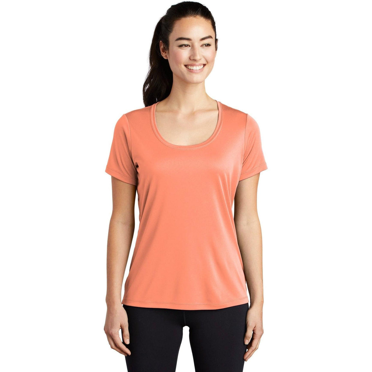 no-logo  Sport-Tek Ladies Posi-Uv Pro Scoop Neck Tee-Active-Sport-Tek-Soft Coral-S-Thread Logic