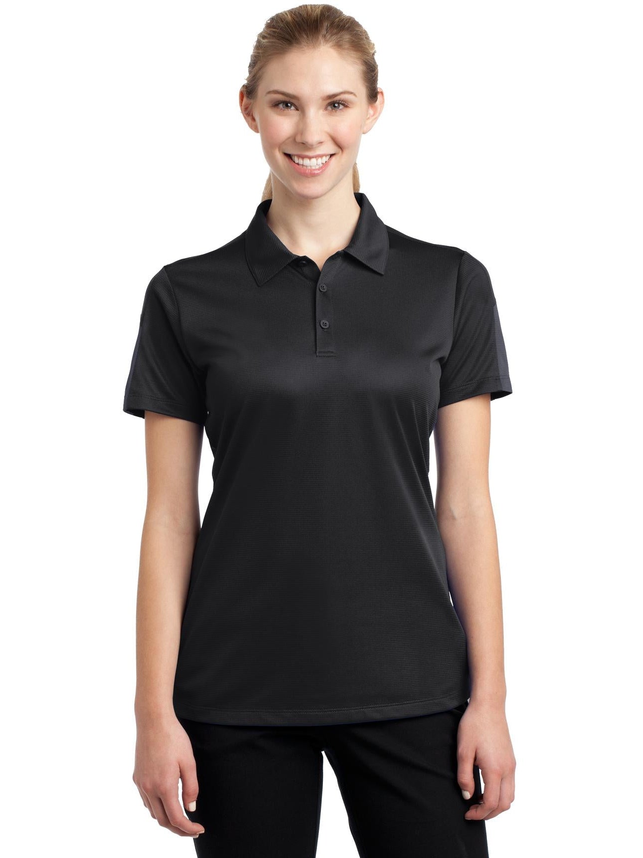 No-Logo CLOSEOUT - Sport-Tek Ladies PosiCharge Active Textured Colorblock Polo-Active-Sport-Tek-Black/Grey-XS-Thread Logic