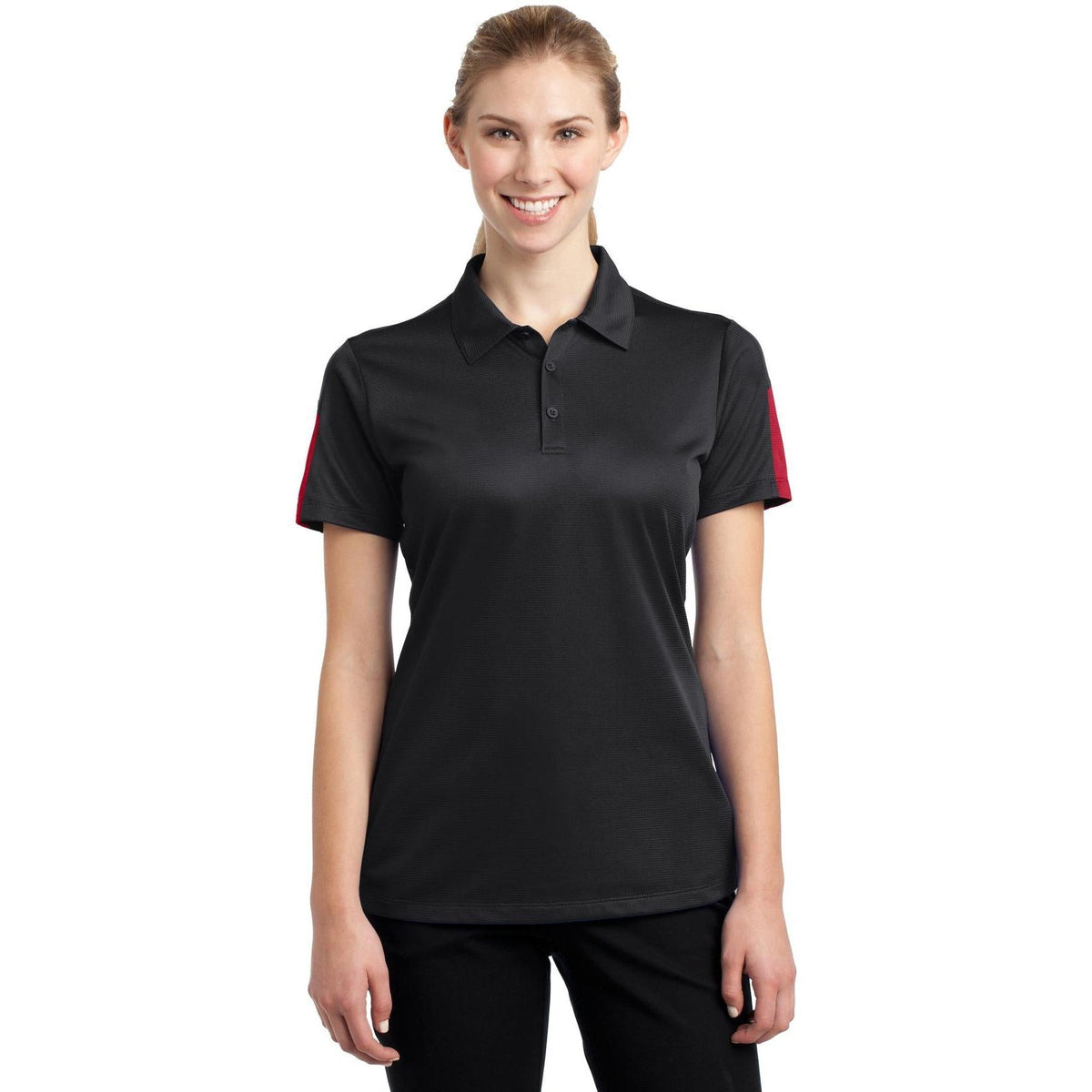 no-logo  Sport-Tek Ladies PosiCharge Active Textured Colorblock Polo-Active-Sport-Tek-Black/True Red-S-Thread Logic