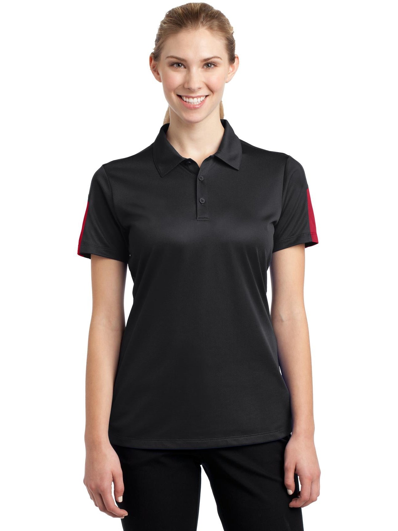No-Logo CLOSEOUT - Sport-Tek Ladies PosiCharge Active Textured Colorblock Polo-Active-Sport-Tek-Black/True Red-XS-Thread Logic