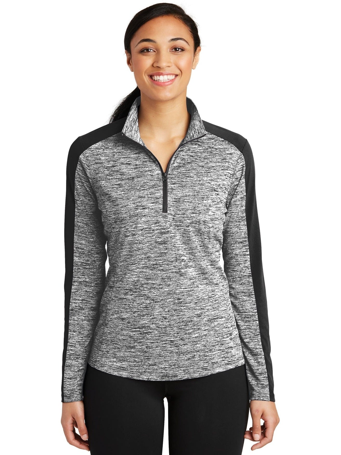  Sport-Tek Ladies PosiCharge Electric Heather Colorblock 1/4-Zip Pullover-Regular-Sport-Tek-Black Electric/Black-XS-Thread Logic