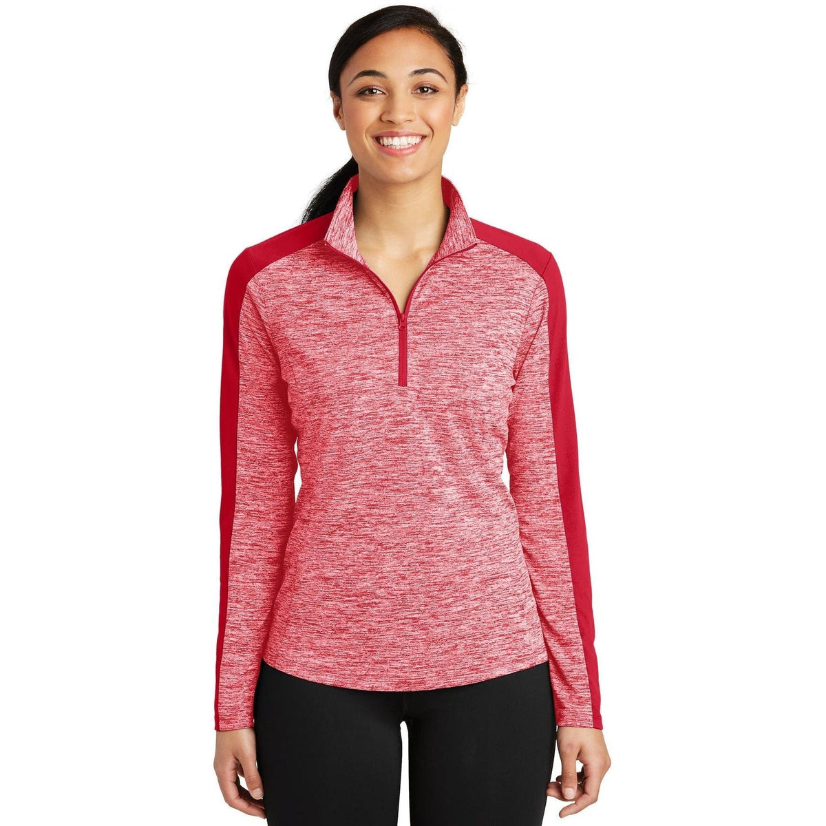 logo-left Sport-Tek Women's PosiCharge Electric Heather Colorblock 1/4-Zip Pullover-Quarter Zips-Sport-Tek-Deep Red Electric/Deep Red-XS-Thread Logic