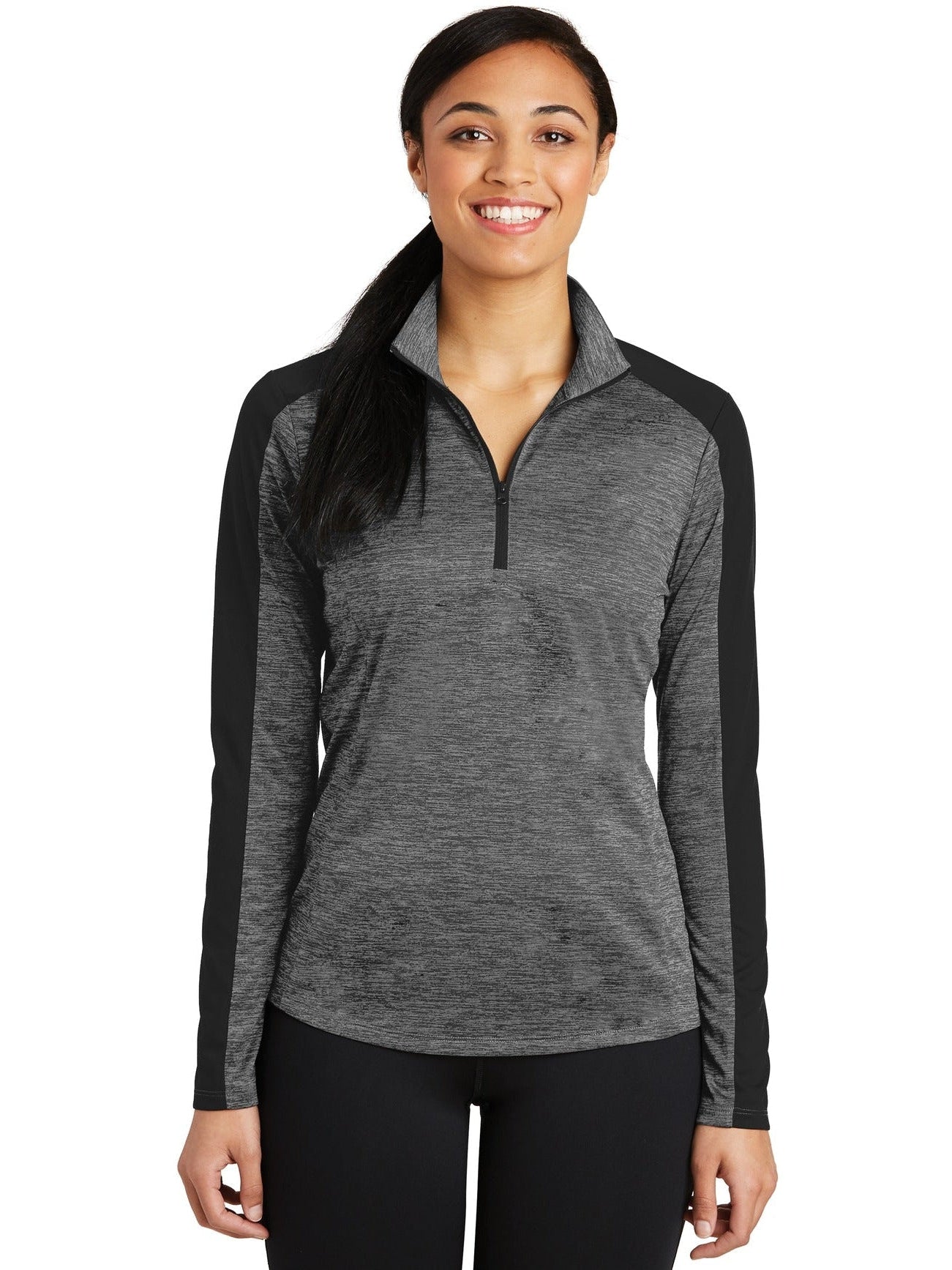  Sport-Tek Ladies PosiCharge Electric Heather Colorblock 1/4-Zip Pullover-Regular-Sport-Tek-Grey-Black Electric/Black-XS-Thread Logic