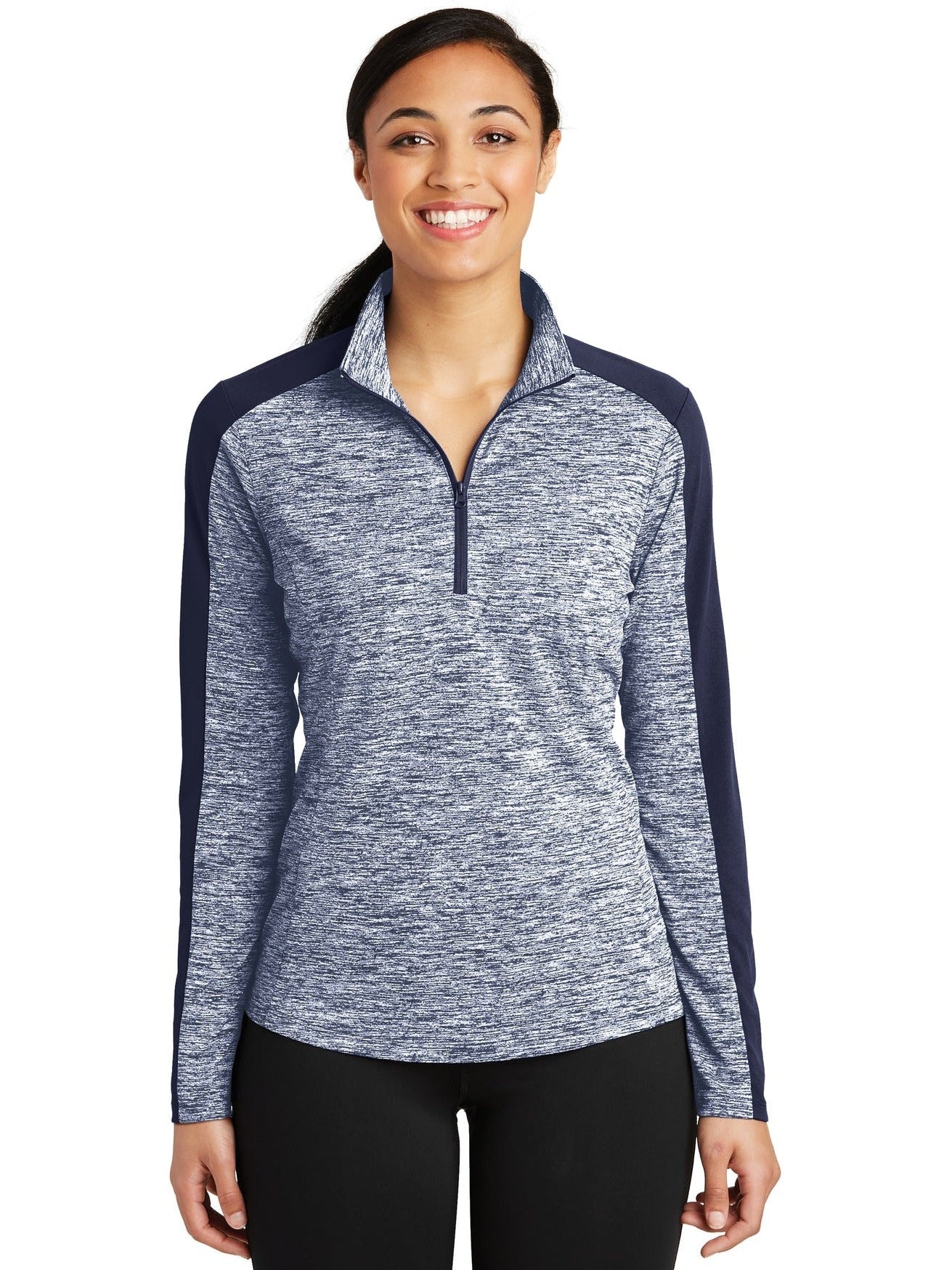  Sport-Tek Ladies PosiCharge Electric Heather Colorblock 1/4-Zip Pullover-Regular-Sport-Tek-True Navy Electric/True Navy-XS-Thread Logic