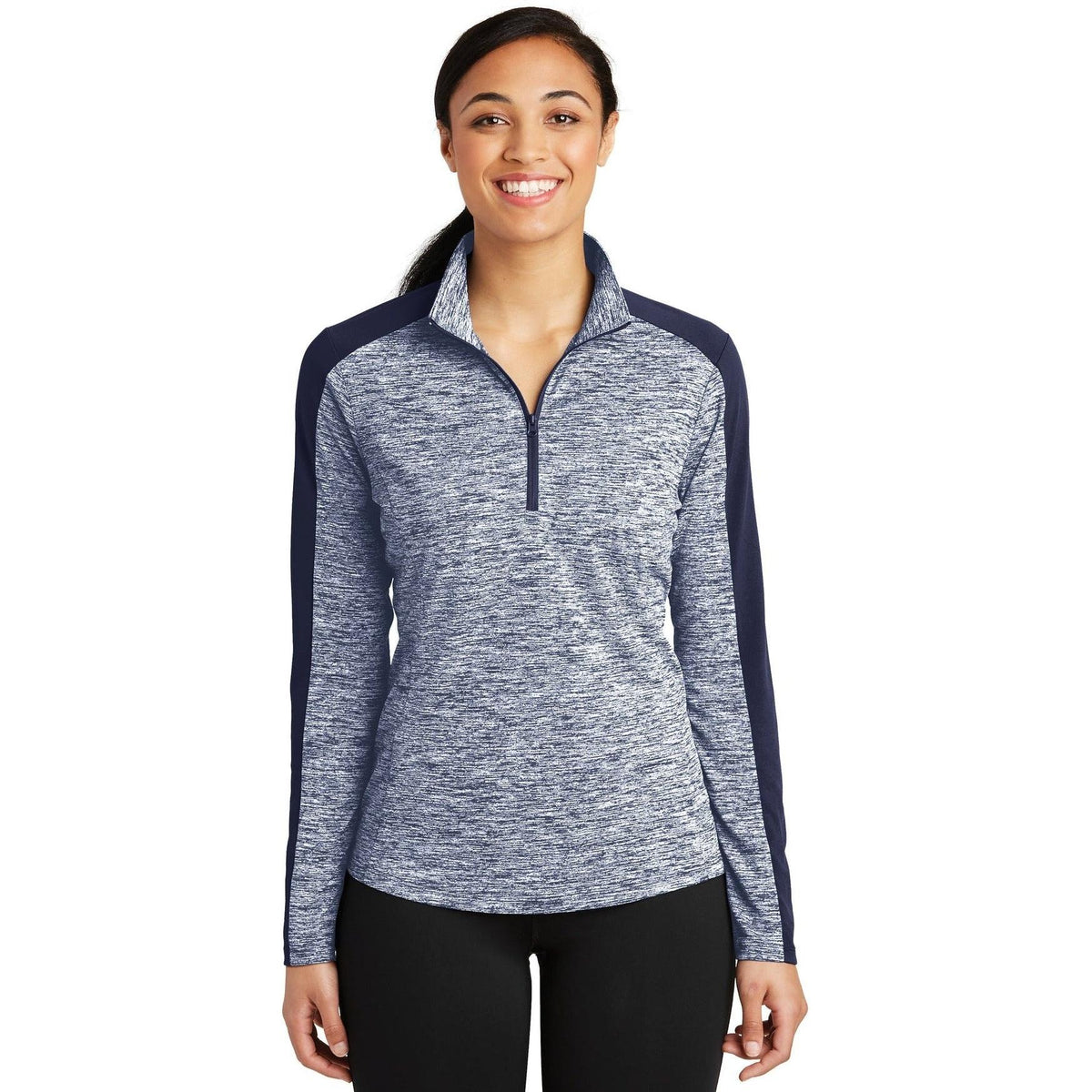 logo-left Sport-Tek Women's PosiCharge Electric Heather Colorblock 1/4-Zip Pullover-Quarter Zips-Sport-Tek-True Navy Electric/True Navy-XS-Thread Logic