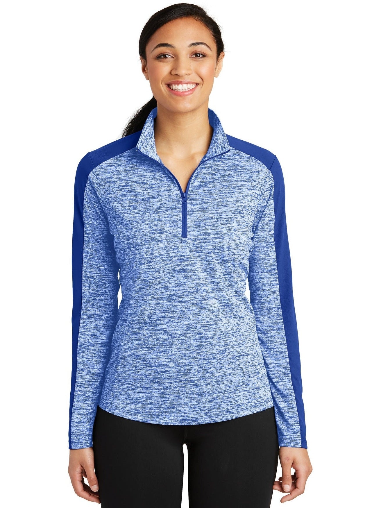  Sport-Tek Ladies PosiCharge Electric Heather Colorblock 1/4-Zip Pullover-Regular-Sport-Tek-True Royal Electric/True Royal-XS-Thread Logic