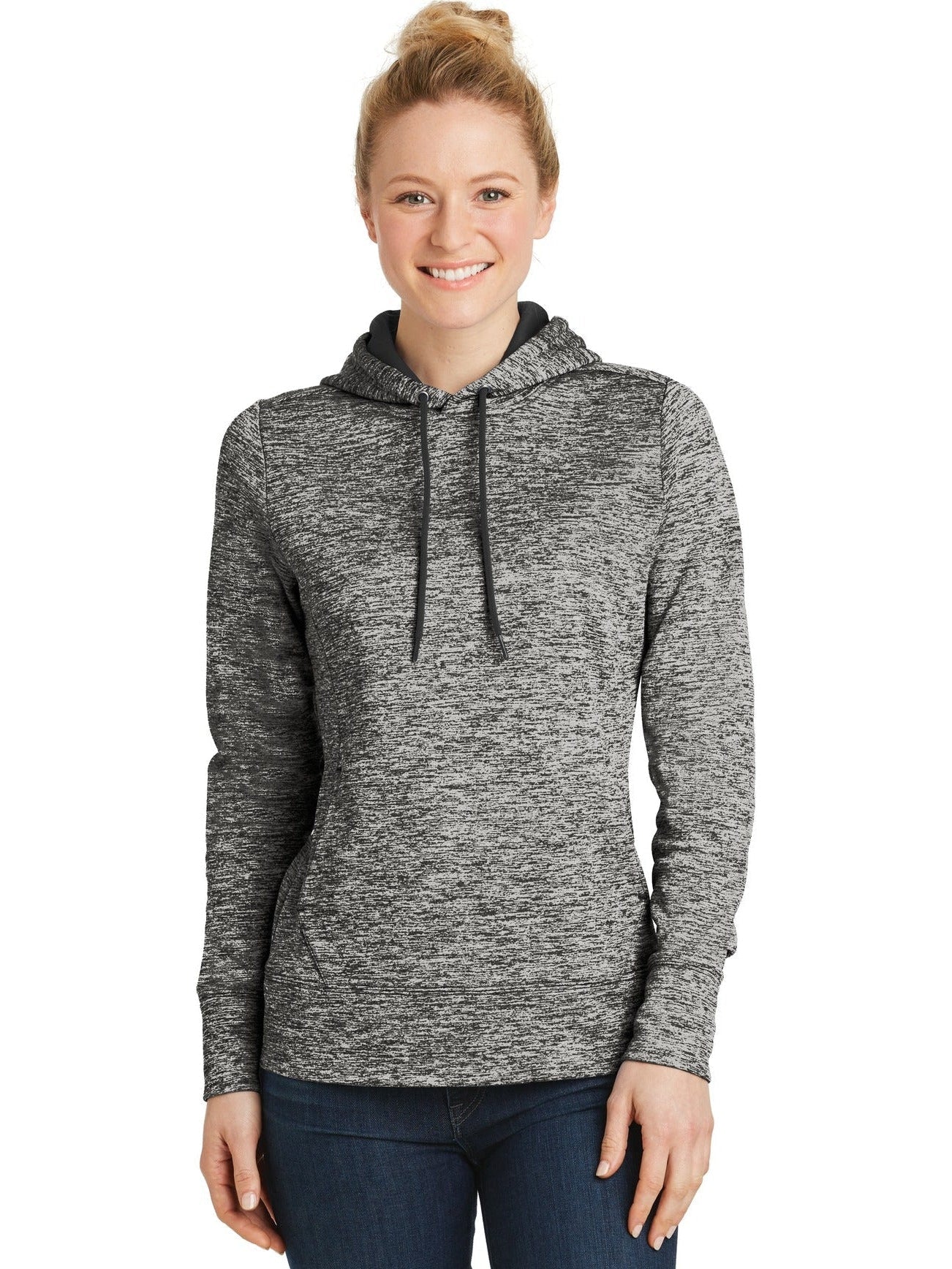  Sport-Tek Ladies PosiCharge Electric Heather Fleece Hooded Pullover-Active-Sport-Tek-Black Electric-XS-Thread Logic