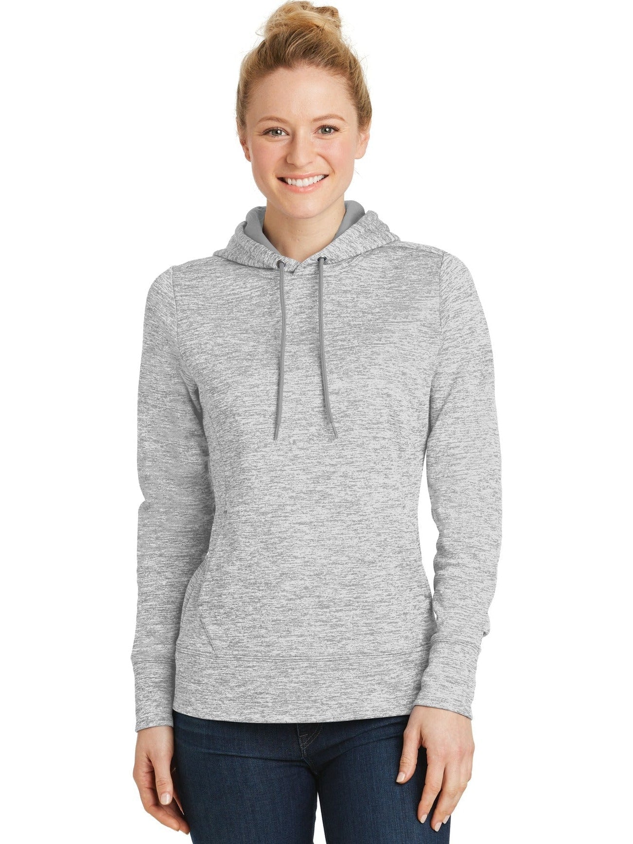  Sport-Tek Ladies PosiCharge Electric Heather Fleece Hooded Pullover-Active-Sport-Tek-Silver Electric-XS-Thread Logic