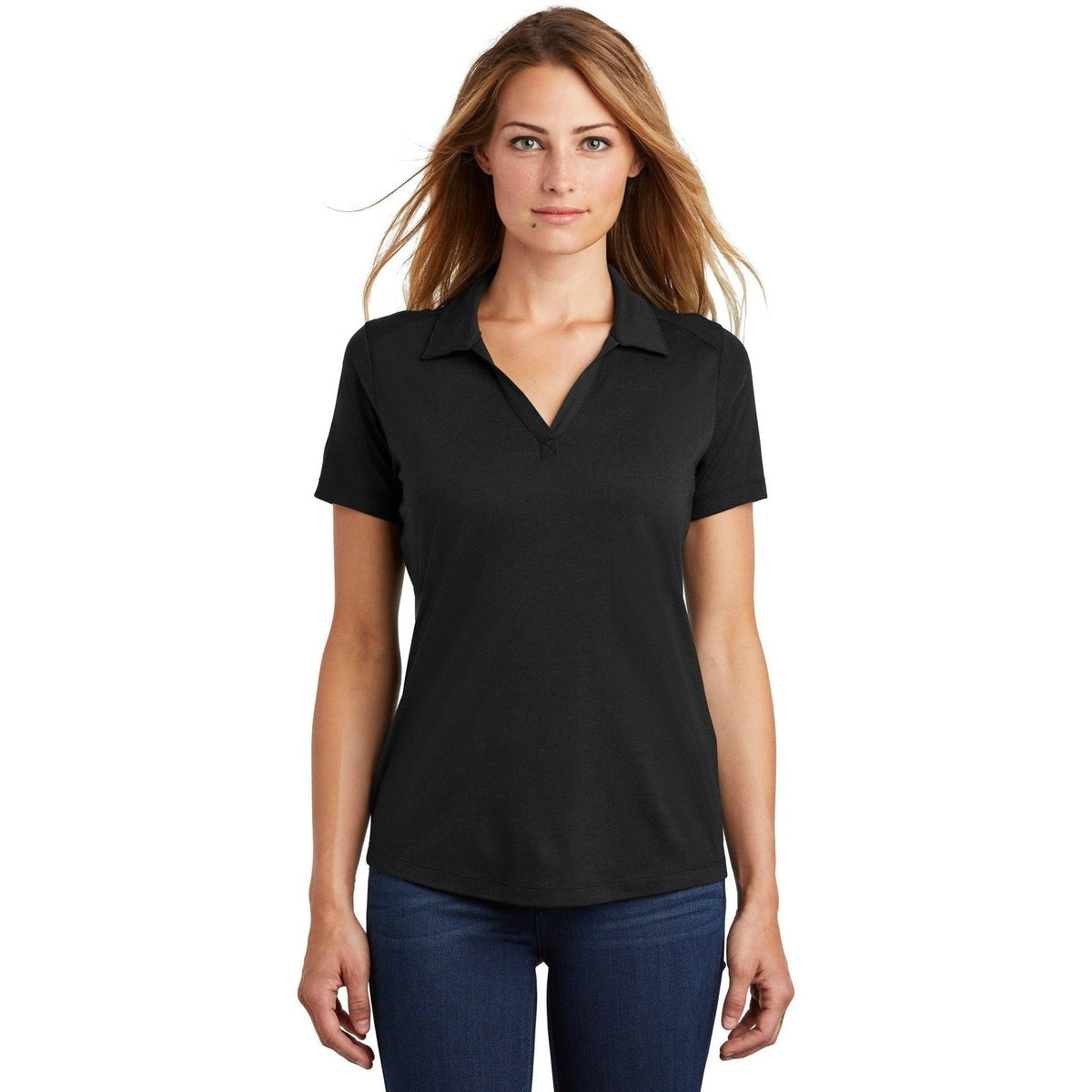logo-left Sport-Tek Women's PosiCharge Tri-Blend Wicking Polo-Regular-Sport-Tek-Black Triad Solid-S-Thread Logic