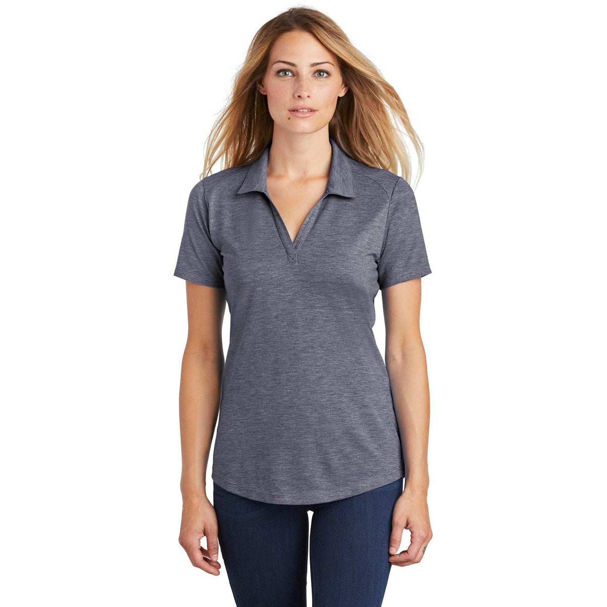logo-left Sport-Tek Women's PosiCharge Tri-Blend Wicking Polo-Regular-Sport-Tek-True Navy Heather-S-Thread Logic