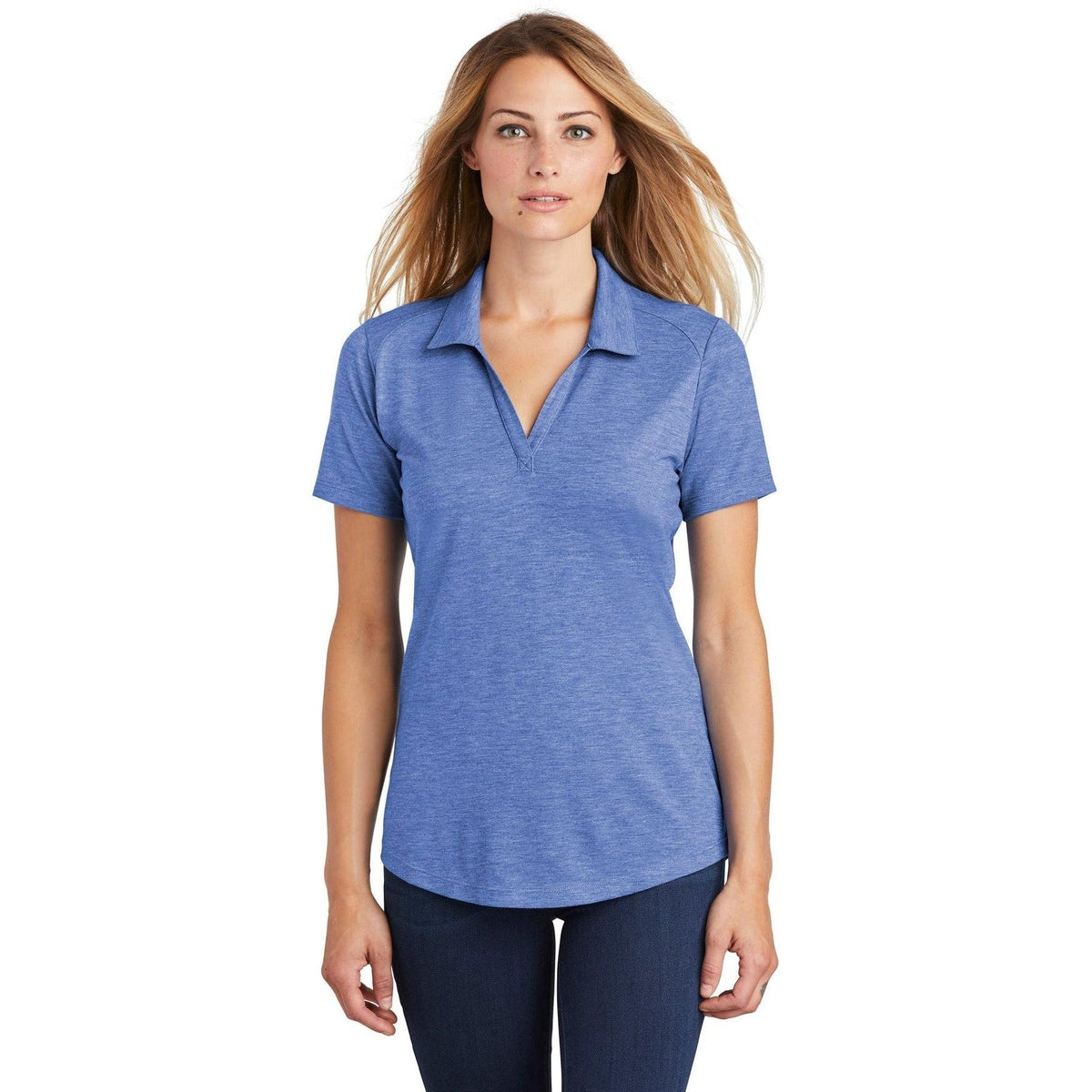 logo-left Sport-Tek Women's PosiCharge Tri-Blend Wicking Polo-Regular-Sport-Tek-True Royal Heather-S-Thread Logic