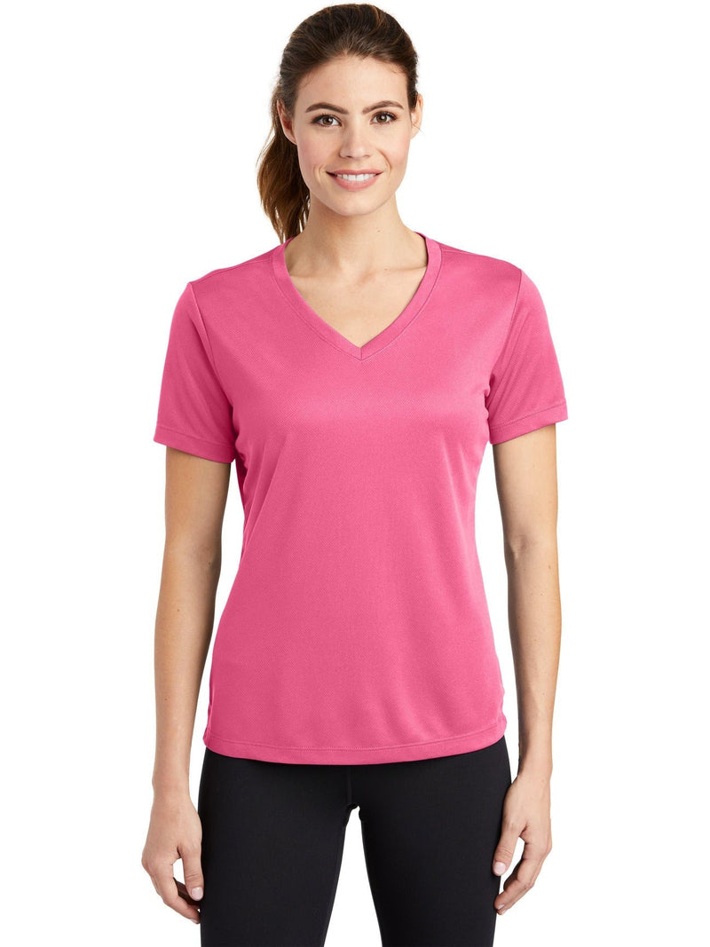  Sport-Tek Ladies Posicharge Racermesh V-Neck Tee-Regular-Sport-Tek-Bright Pink-S-Thread Logic