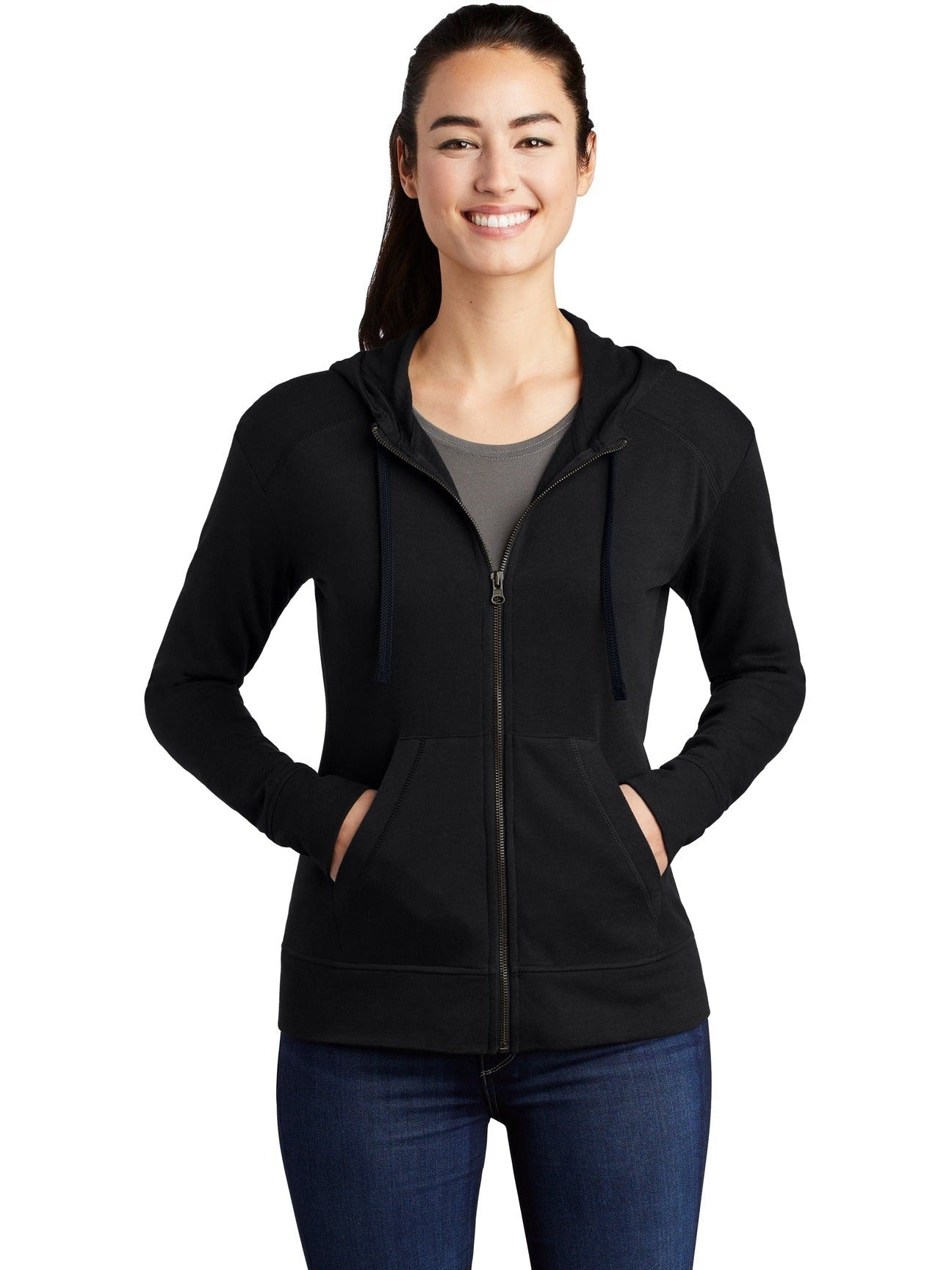  Sport-Tek Ladies Posicharge Tri-Blend Wicking Fleece Full-Zip Hooded Jacket-Regular-Sport-Tek-Black Triad Solid-S-Thread Logic