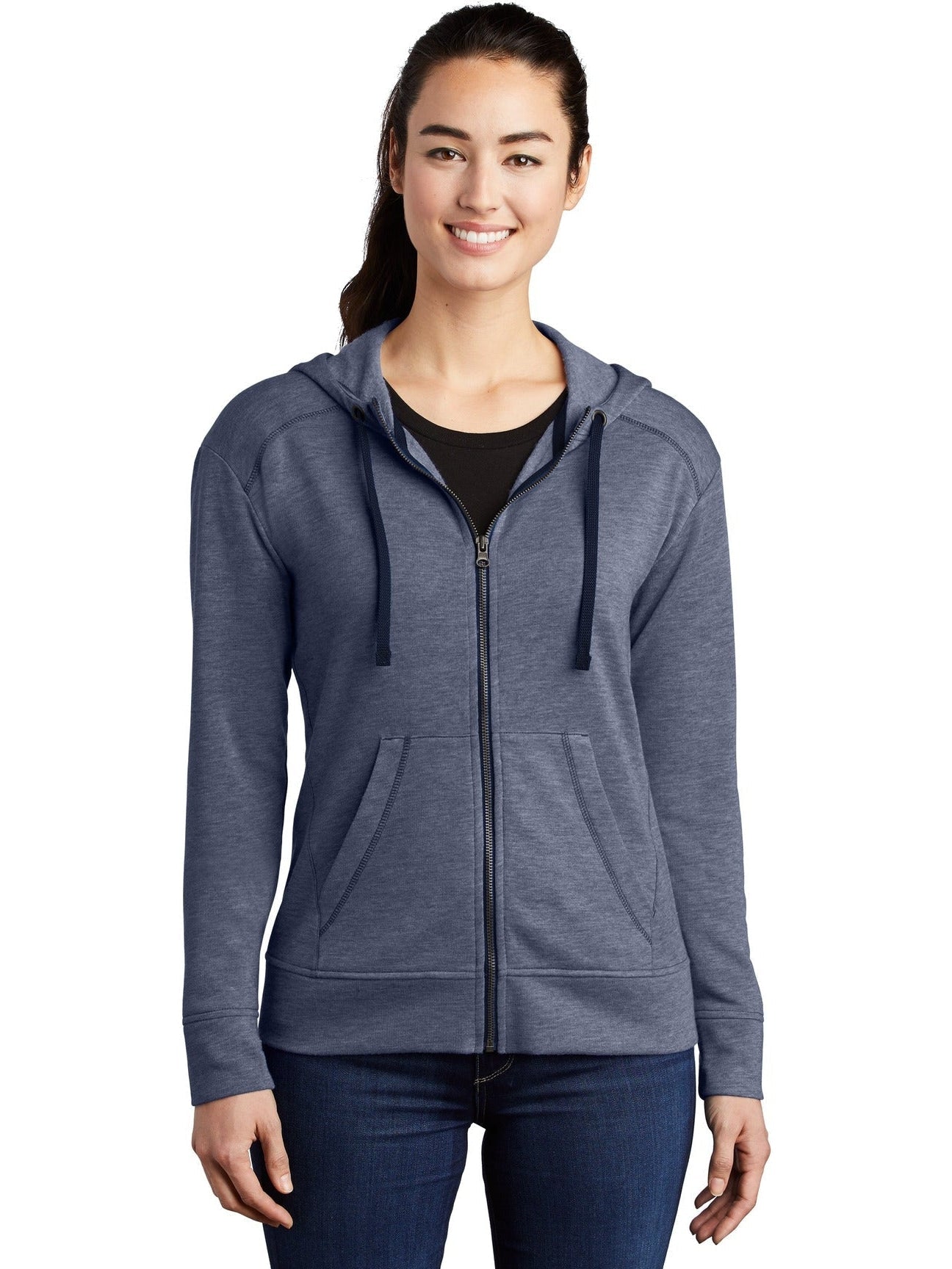  Sport-Tek Ladies Posicharge Tri-Blend Wicking Fleece Full-Zip Hooded Jacket-Regular-Sport-Tek-True Navy Heather-S-Thread Logic