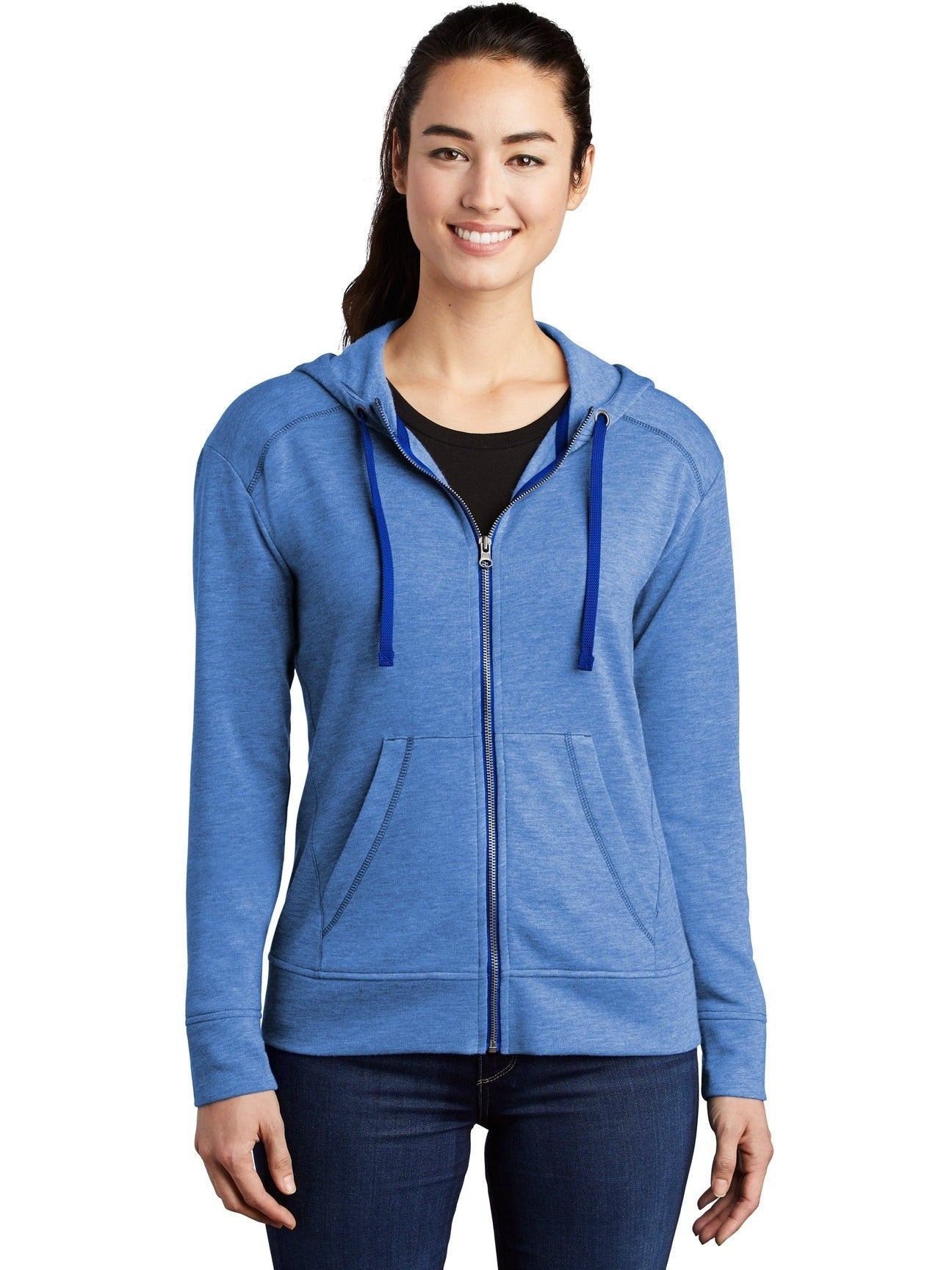  Sport-Tek Ladies Posicharge Tri-Blend Wicking Fleece Full-Zip Hooded Jacket-Regular-Sport-Tek-True Royal Heather-S-Thread Logic