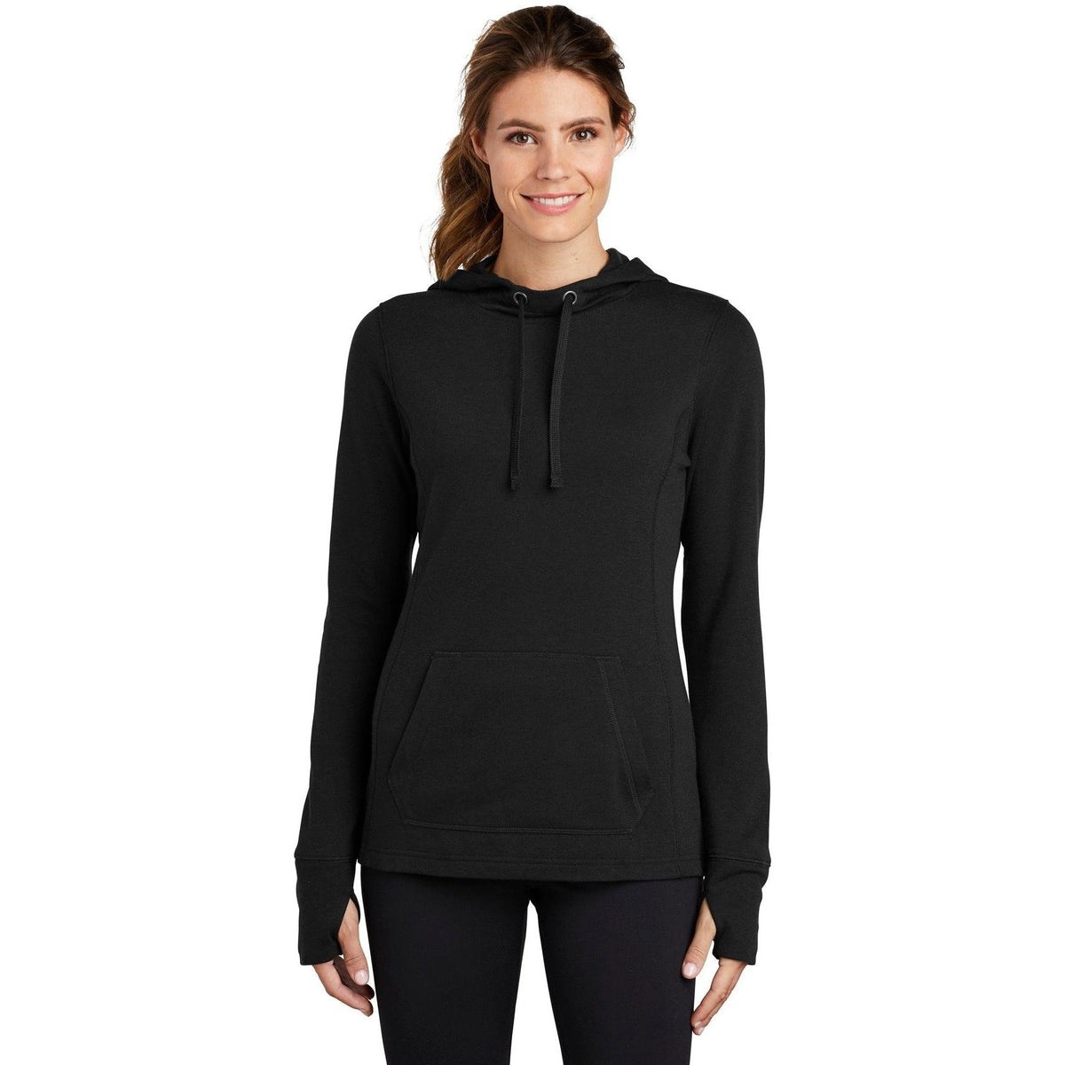 logo-left  Sport-Tek Ladies Posicharge Tri-Blend Wicking Fleece Hooded Pullover-Regular-Sport-Tek-Black Triad Solid-S-Thread Logic