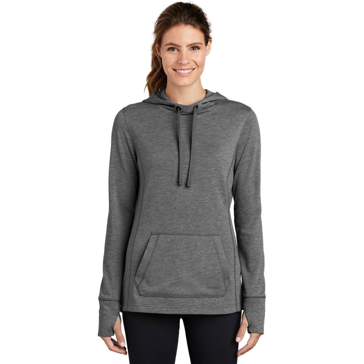 logo-left  Sport-Tek Ladies Posicharge Tri-Blend Wicking Fleece Hooded Pullover-Regular-Sport-Tek-Dark Grey Heather-S-Thread Logic