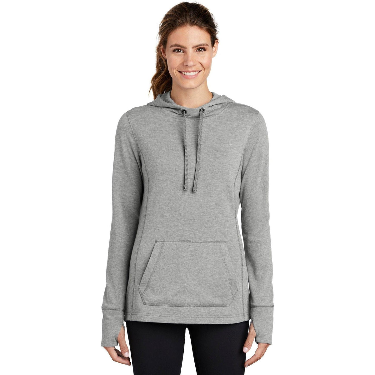 logo-left  Sport-Tek Ladies Posicharge Tri-Blend Wicking Fleece Hooded Pullover-Regular-Sport-Tek-Light Grey Heather-S-Thread Logic