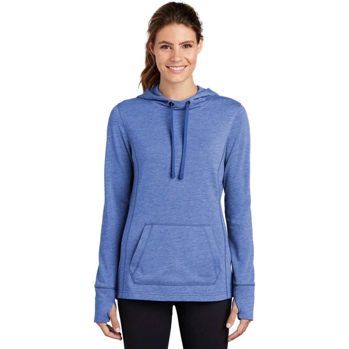 logo-left  Sport-Tek Ladies Posicharge Tri-Blend Wicking Fleece Hooded Pullover-Regular-Sport-Tek-True Royal Heather-S-Thread Logic