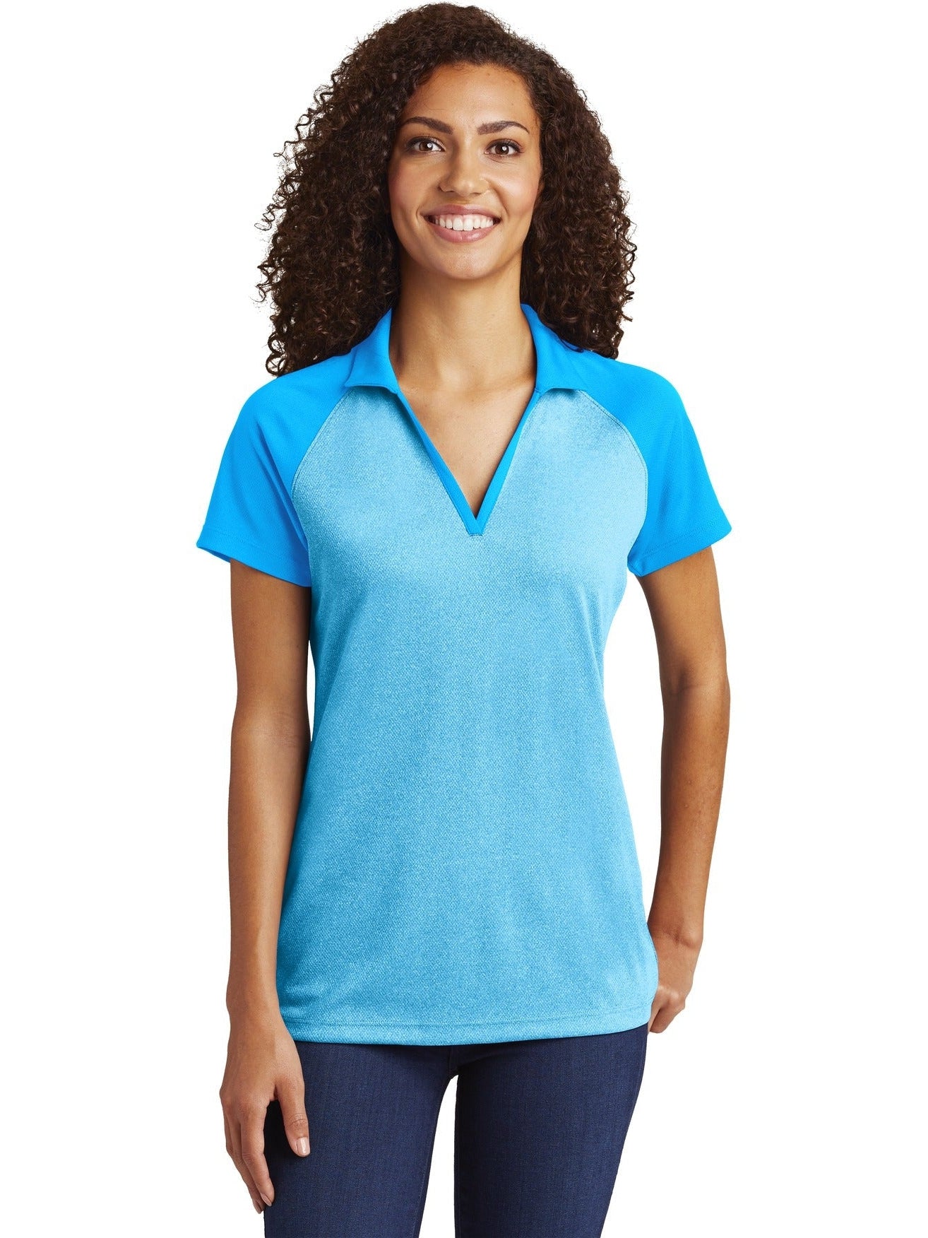 Sport-Tek Ladies Raglan Heather Block Polo-Active-Sport-Tek-Pond Blue Heather/Pond Blue-XS-Thread Logic