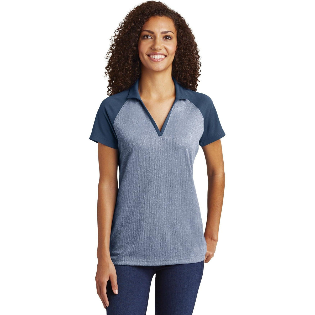 no-logo Sport-Tek Women's Raglan Heather Block Polo-Active-Sport-Tek-True Navy Heather/True Navy-XS-Thread Logic