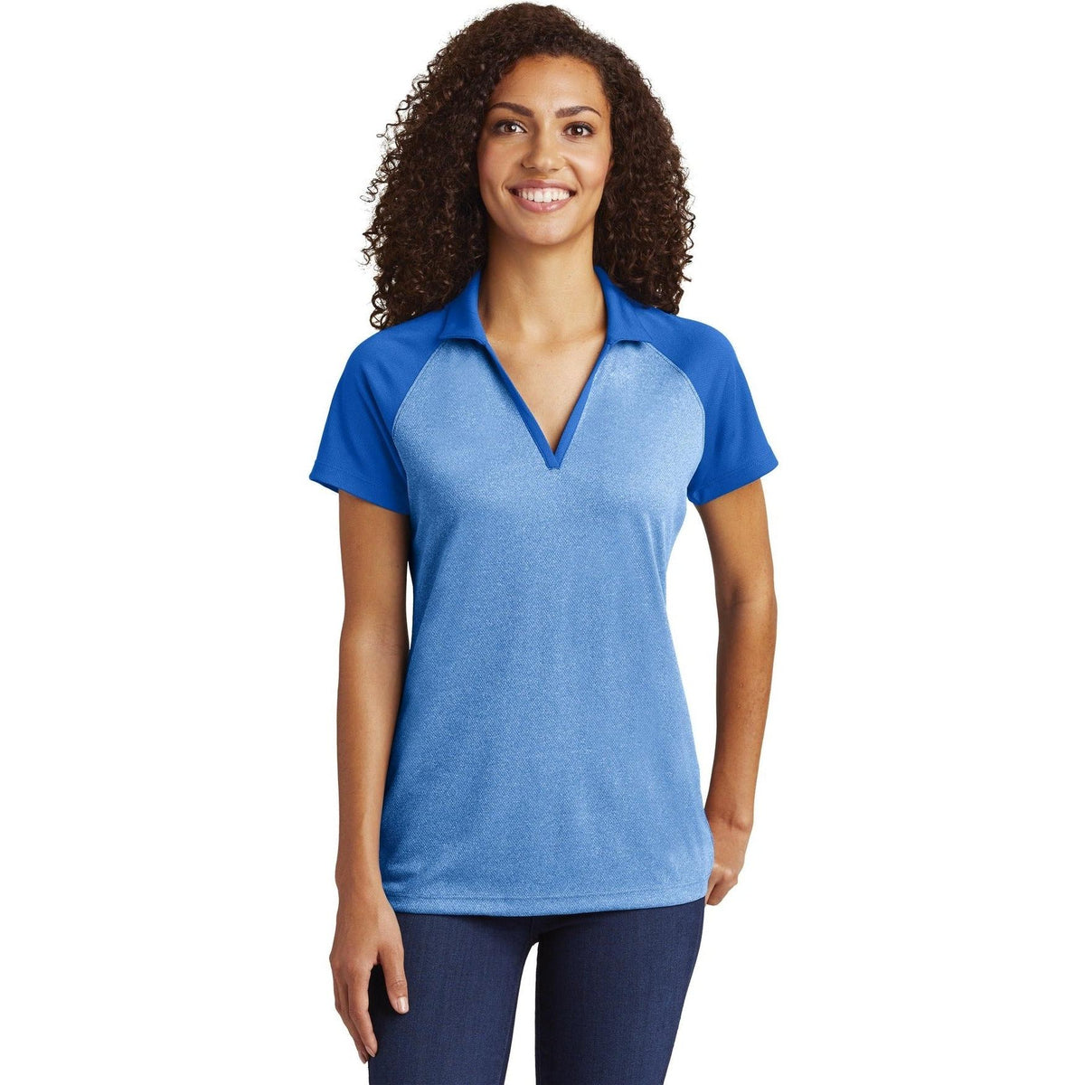 no-logo Sport-Tek Women's Raglan Heather Block Polo-Active-Sport-Tek-True Royal Heather/True Royal-XS-Thread Logic