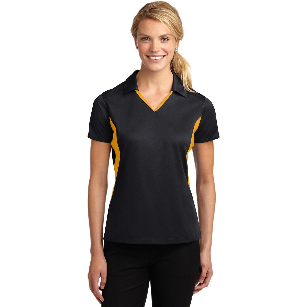 no-logo Sport-Tek Women's Side Blocked Micropique Polo-Regular-Sport-Tek-Black/Gold-XS-Thread Logic