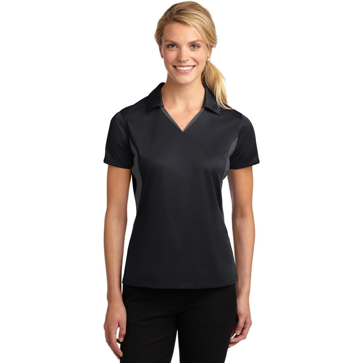 no-logo Sport-Tek Women's Side Blocked Micropique Polo-Regular-Sport-Tek-Black/Iron Grey-XS-Thread Logic