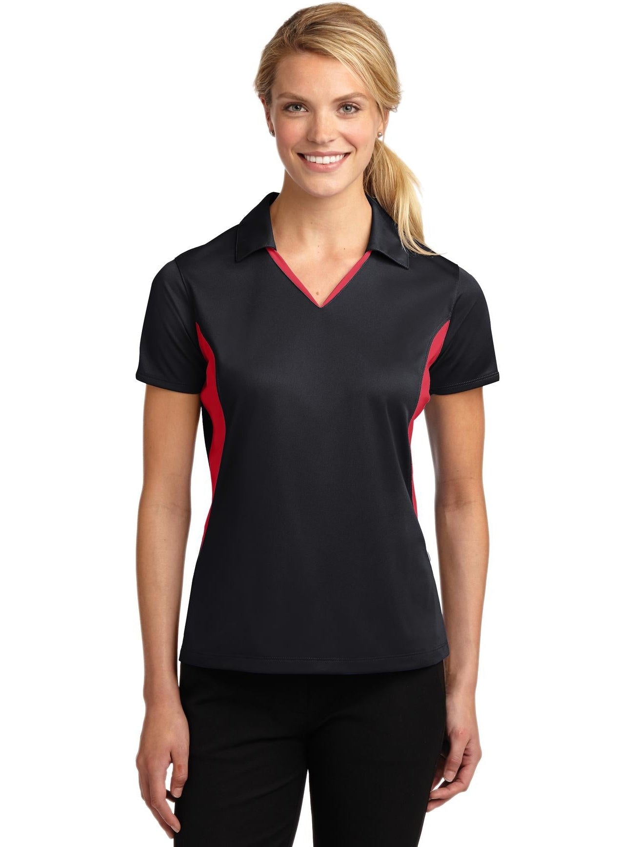  Sport-Tek Ladies Side Blocked Micropique Polo-Regular-Sport-Tek-Black/True Red-XS-Thread Logic