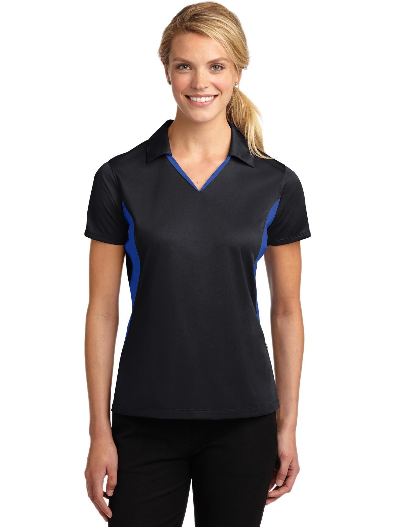  Sport-Tek Ladies Side Blocked Micropique Polo-Regular-Sport-Tek-Black/True Royal-XS-Thread Logic