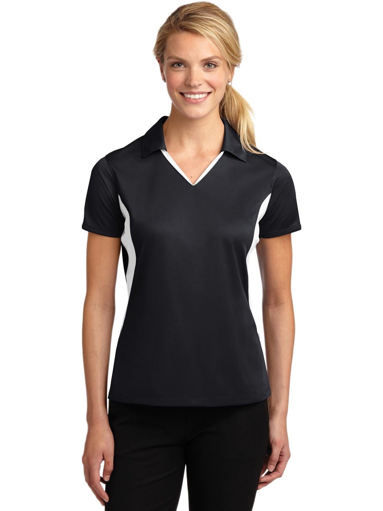  Sport-Tek Ladies Side Blocked Micropique Polo-Regular-Sport-Tek-Black/White-XS-Thread Logic