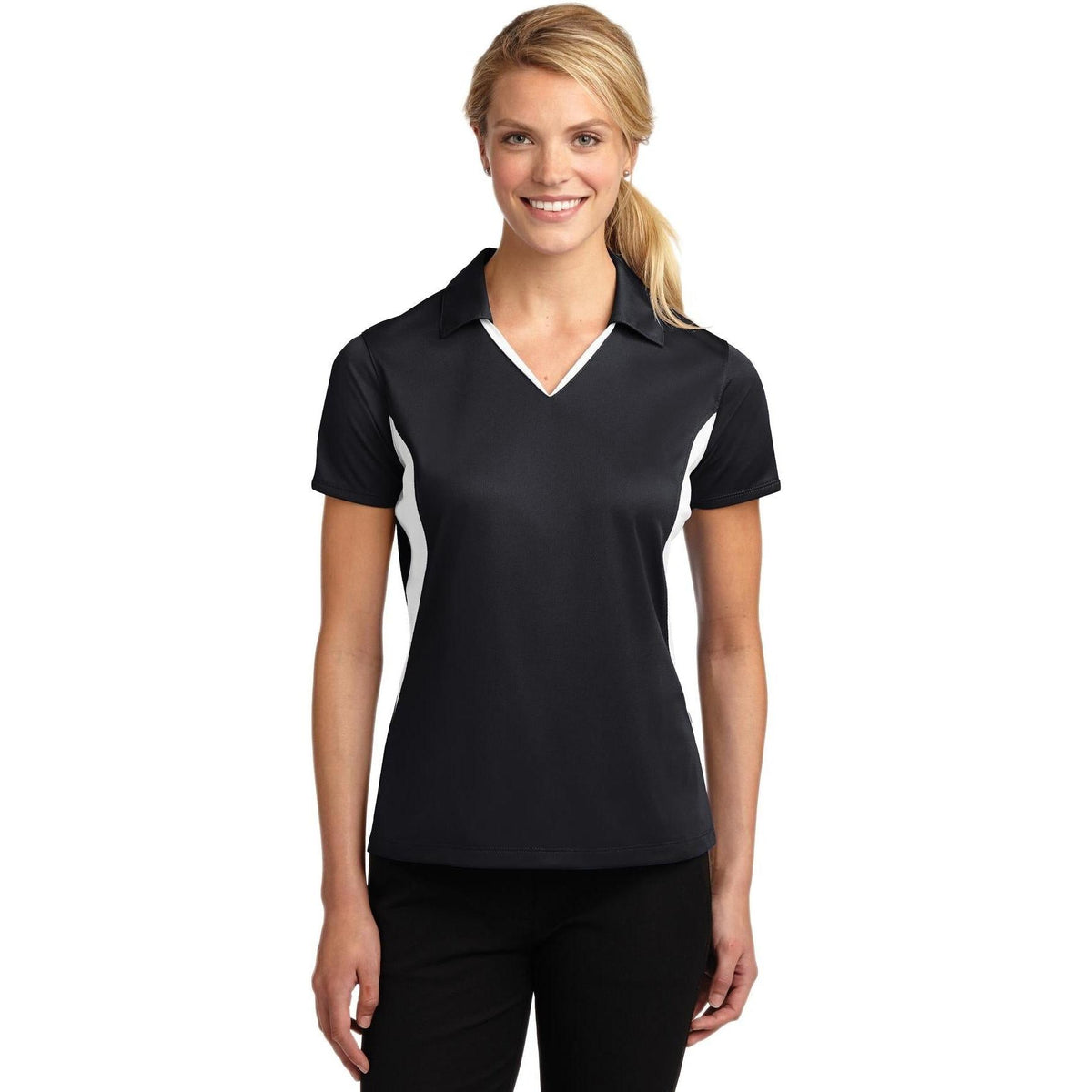 no-logo Sport-Tek Women's Side Blocked Micropique Polo-Regular-Sport-Tek-Black/White-XS-Thread Logic