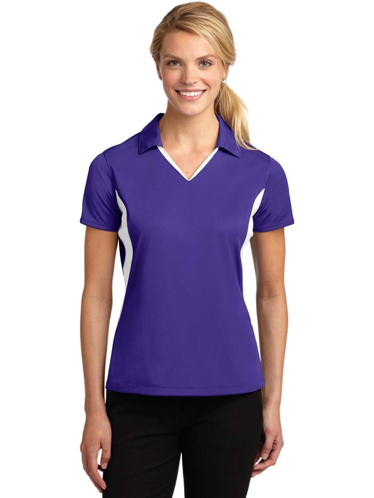  Sport-Tek Ladies Side Blocked Micropique Polo-Regular-Sport-Tek-Purple/White-XS-Thread Logic