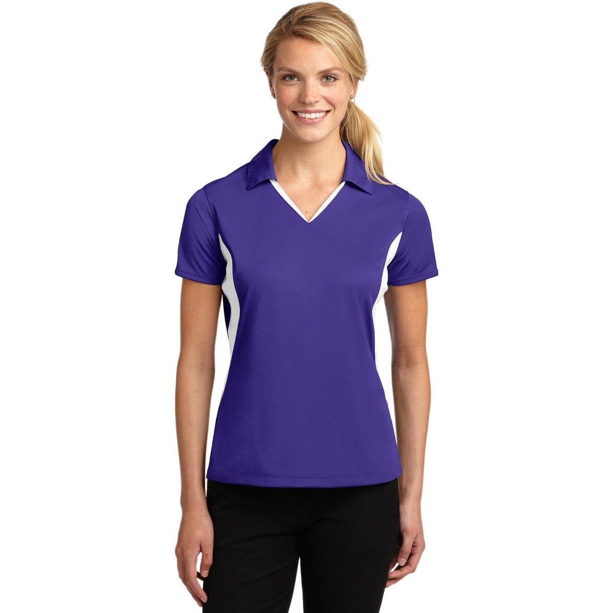 no-logo Sport-Tek Women's Side Blocked Micropique Polo-Regular-Sport-Tek-Purple/White-XS-Thread Logic