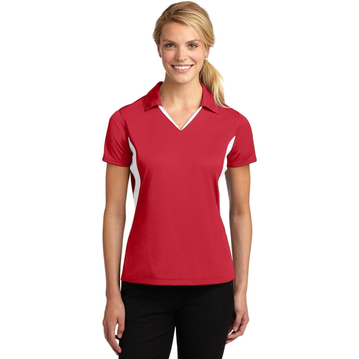 no-logo Sport-Tek Women's Side Blocked Micropique Polo-Regular-Sport-Tek-True Red/White-XS-Thread Logic