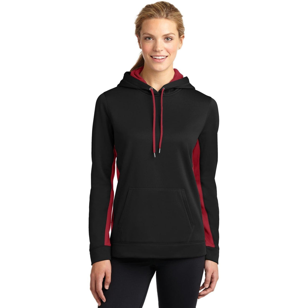 logo-left Sport-Tek Women's Sport-Wick Fleece Colorblock Hooded-Hoodies-Sport-Tek-Black/Deep Red-XS-Thread Logic
