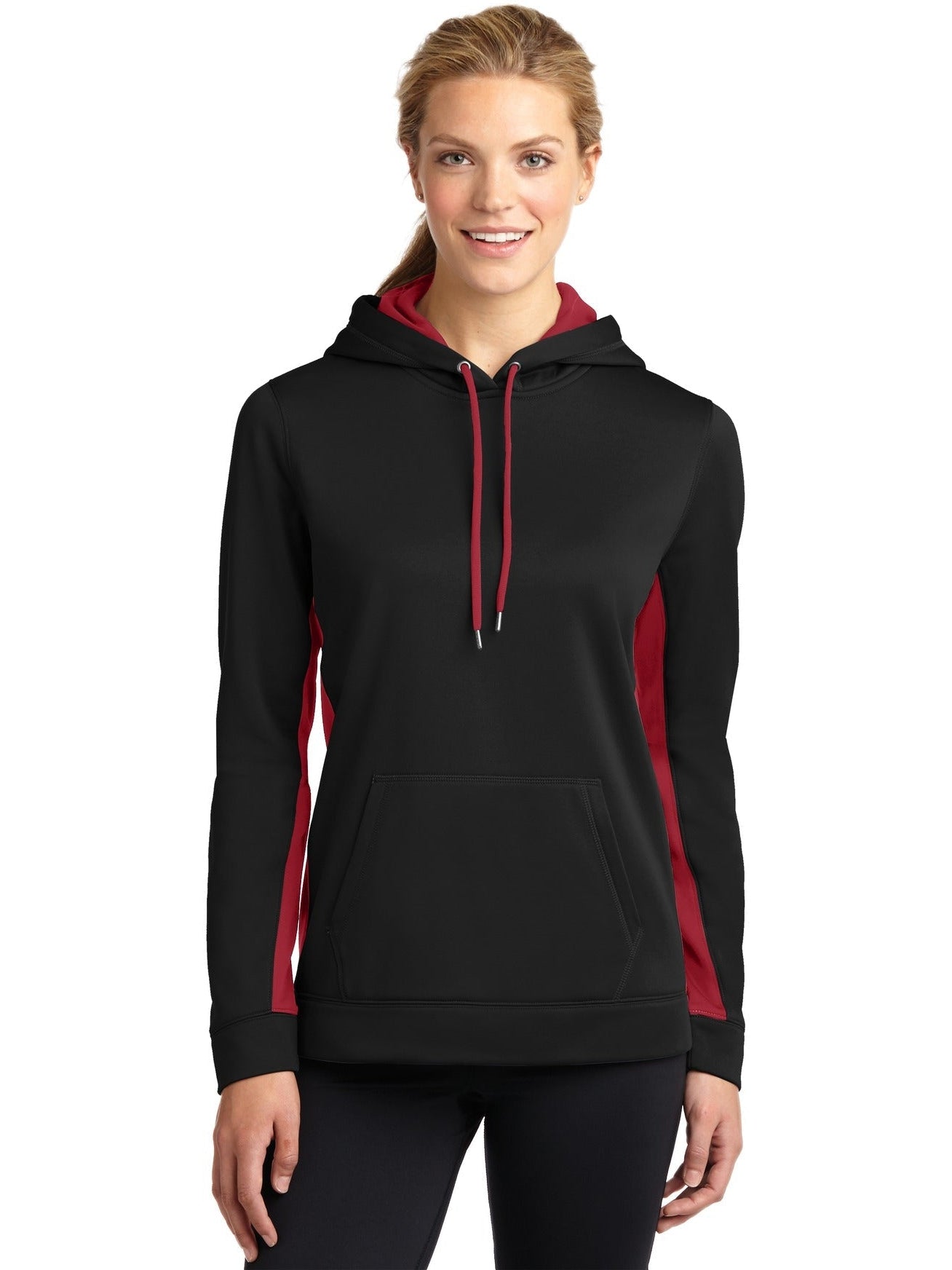 No-Logo CLOSEOUT - Sport-Tek Ladies Sport-Wick Fleece Colorblock Hooded-Hoodies-Sport-Tek-Black/Deep Red-XS-Thread Logic