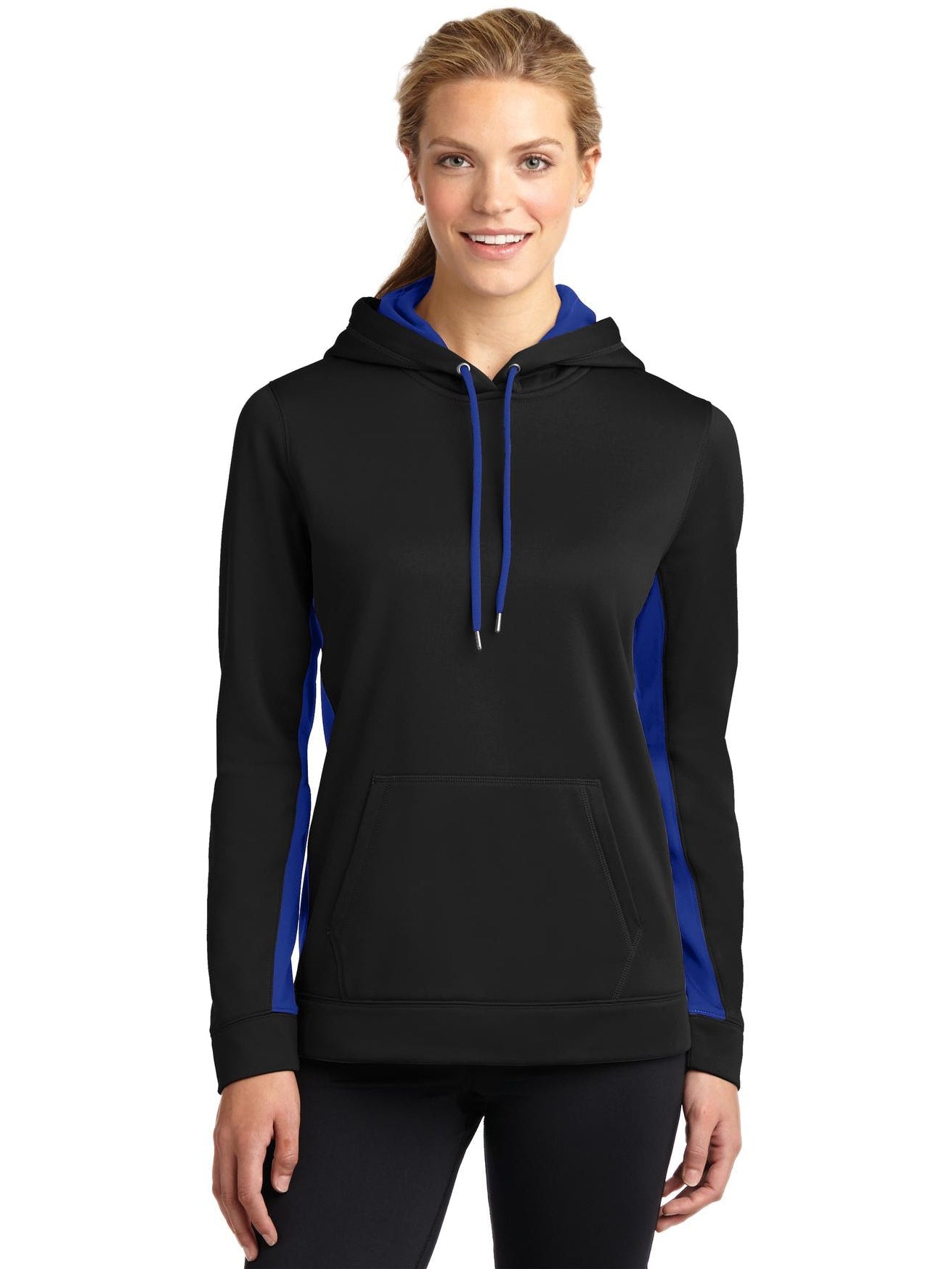 No-Logo CLOSEOUT - Sport-Tek Ladies Sport-Wick Fleece Colorblock Hooded-Hoodies-Sport-Tek-Black/True Royal-XS-Thread Logic