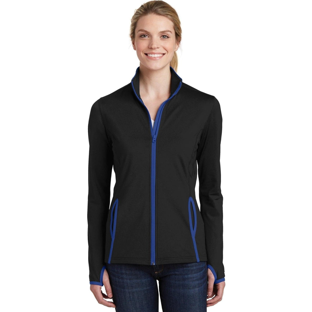 logo-left  Sport-Tek Ladies Sport-Wick Stretch Contrast Full-Zip Jacket-Regular-Sport-Tek-Black/True Royal-S-Thread Logic